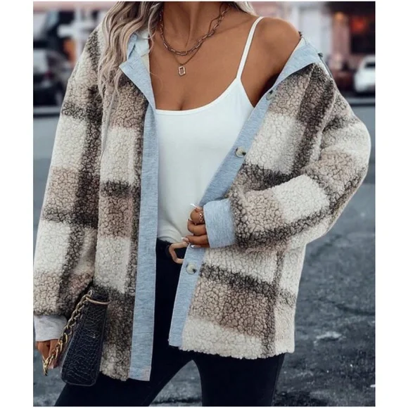 012 Cozy Plaid Print Button Down Teddy Jacket Shacket - Picture 1 of 7